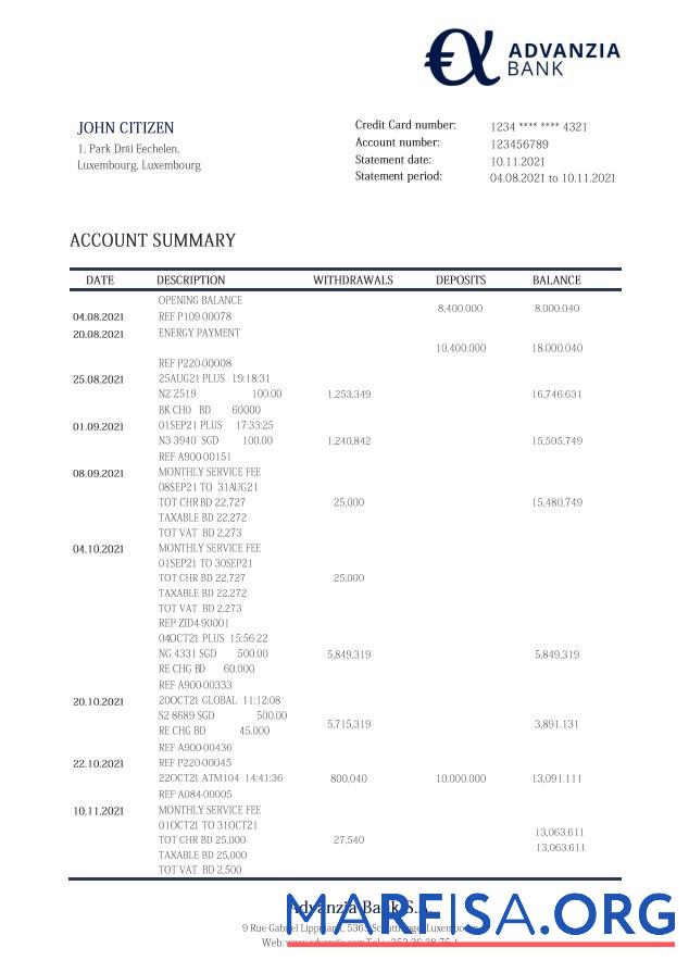 Realistic Luxembourg Advanzia bank statement word real example
